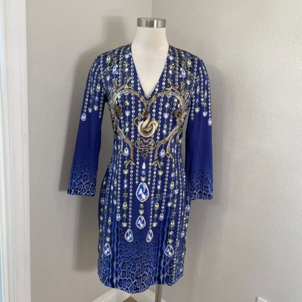 Just Cavalli 46 Womens XL Blue V Neck Dress Jewel Animal Print Long Sleeve